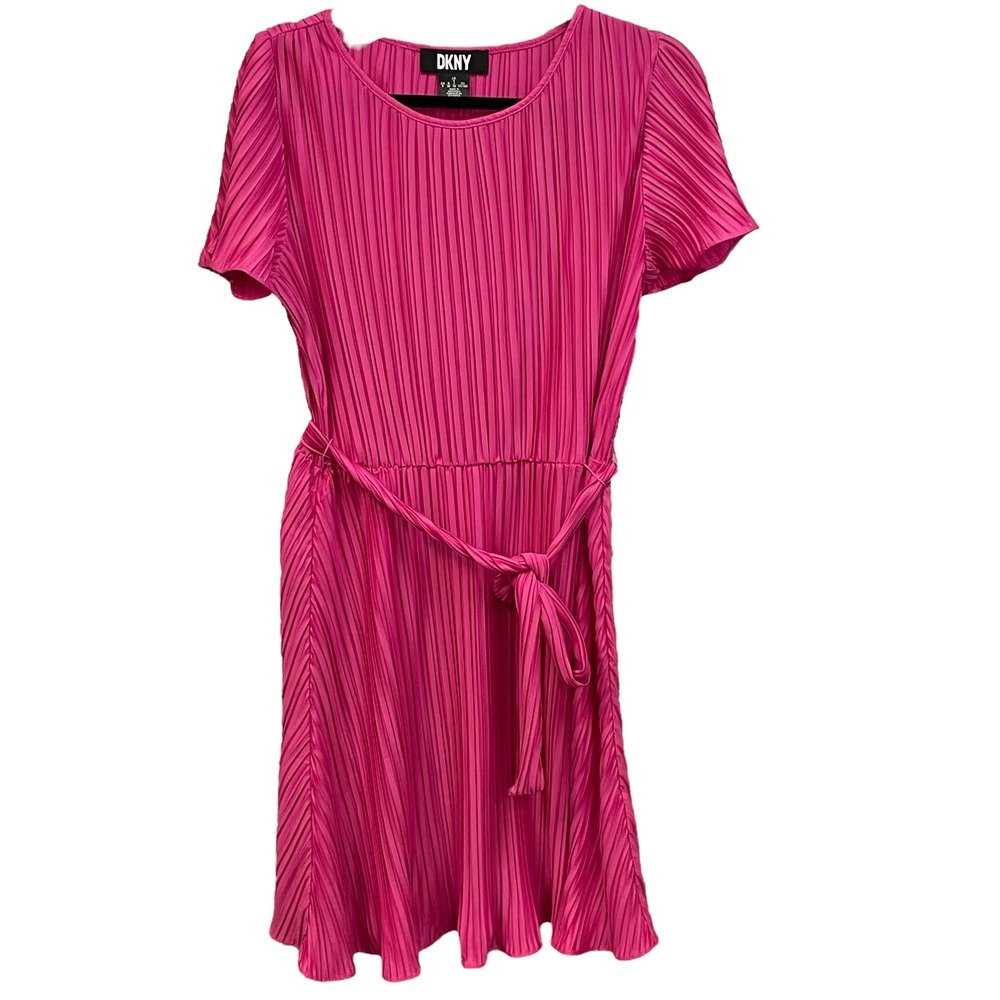 DKNY Pink Pleated Dress with Belt Tie Short Sleeve Casual Size 8